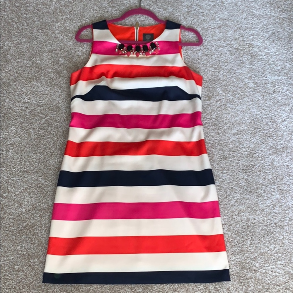 Vince Camuto Striped Sleeveless Shift Dress in Pink, Red, Navy & Cream